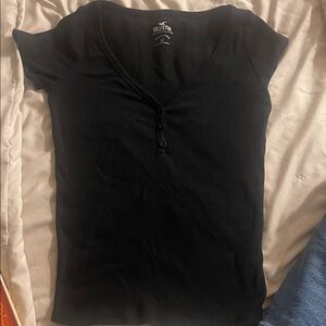 Hollister Black Short-Sleeve V-Neck Henley Tee